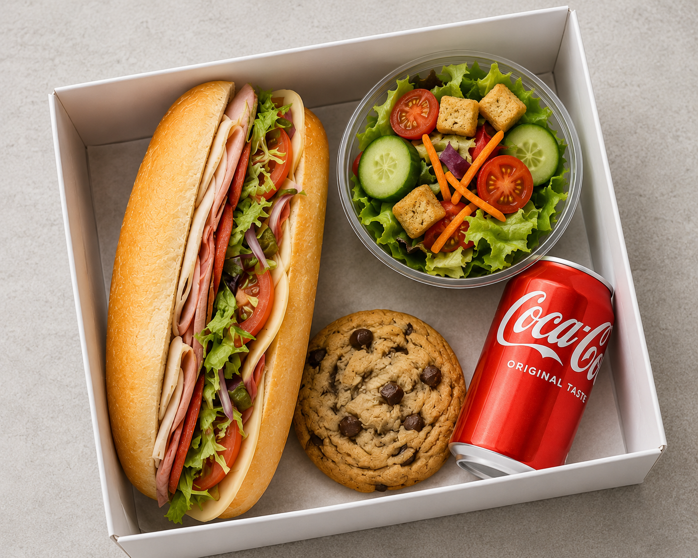 An overhead view of a luxury corporate white catered meal box containing a gourmet deli sub sandwich with ham, cheese, and tomatoes, a fresh side garden salad, a chocolate chip cookie, and a can of Coca-Cola.